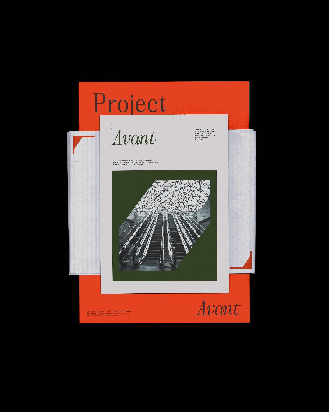 Avant brand book and booklets on a black background