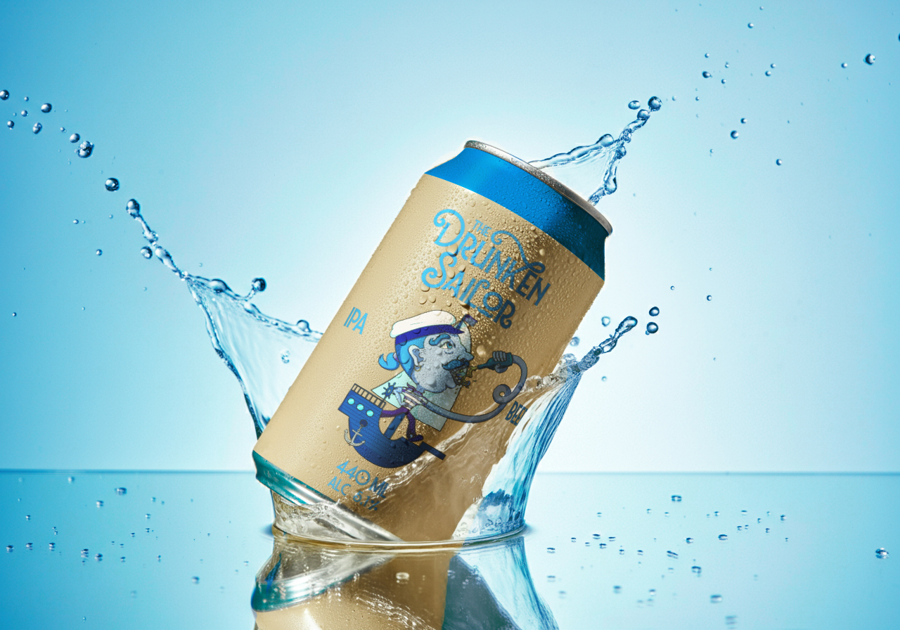 The Drunken Sailor beer can in a splash of water